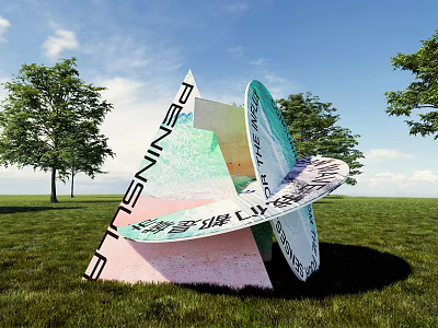 Colorful Geometric Sculpture with PENINSULA Text on Green Grassland Under Blue Sky with Trees 3d model