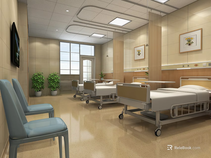 Spacious Hospital Ward Interior With Beds Chairs Plants And Windows 3d model 
