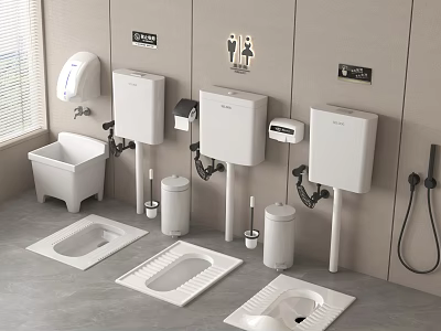 Squat Toilets With Wall Mounted Tank Hand Dryer And Accessories In Modern Public Restroom 3d model