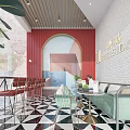 Stylish Green Cafe Interior With Black White Checkered Floor Blue Chairs Red Arch And Green Plants