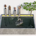Garden Ornament With Water Basin Rippling Surface Gray Pillars Dry Branches And Green Mossy Ground
