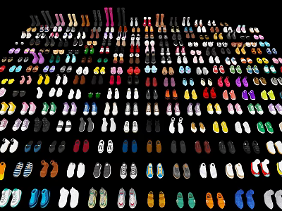 Large Collection Of Various Colored Different Style Shoes Neatly Arranged On 3d model
