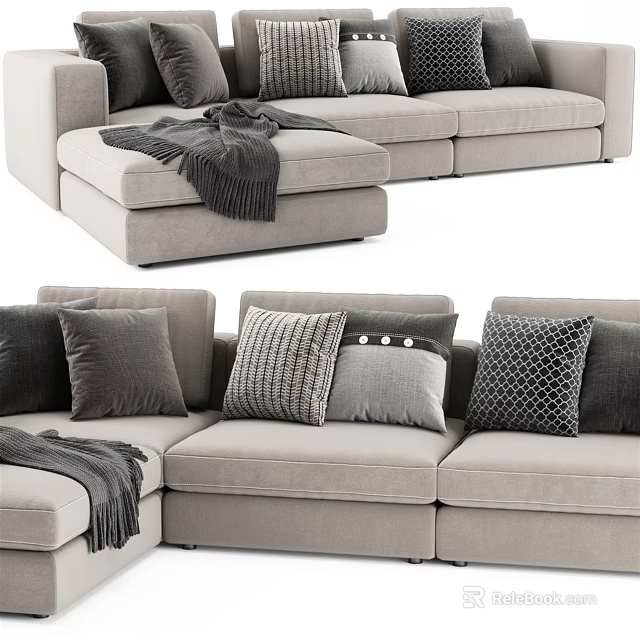 Gray Sectional Sofa With Multiple Decorative Pillows And Cozy Throw Blanket 3d model