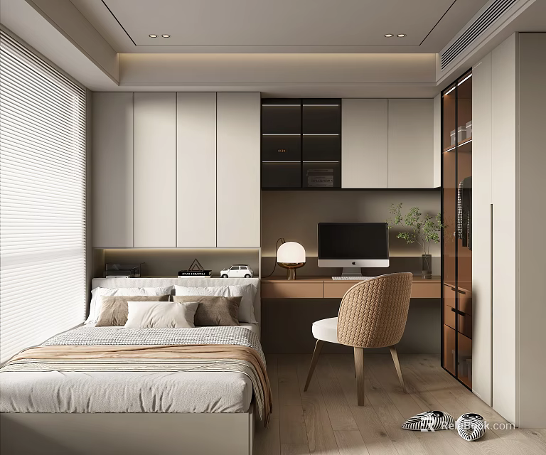 Modern Tatami Bedroom Interior With Platform Bed Desk Chair And Cabinets 3d model 