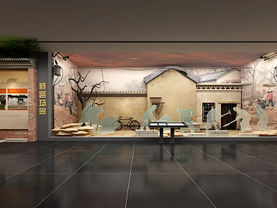 Educated Youth Dormitory Scene Display With Vintage Building Bicycle And Figure Silhouettes 3d model