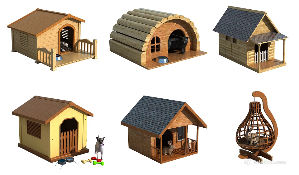 Decorative Wooden Garden Pet Houses With Different Roof Designs And Small Pets 3d model 
