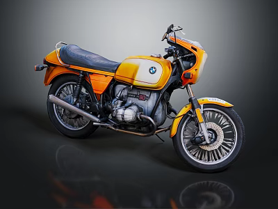 BMW Vintage Motorcycle With Yellow Orange Body And Black Leather Seat 3d model