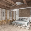 Hotel Guest Room Interior With Wooden Ceiling Beams Tatami Area Bed Wooden Shutters And Flooring