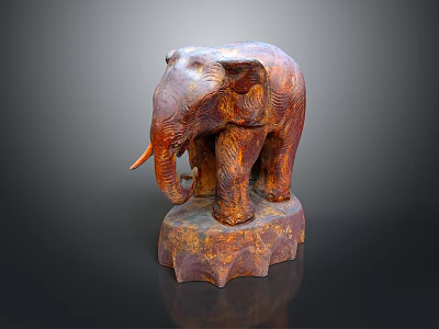 Artistic Rustic Wooden Elephant Statue With Carved Texture And Decorative Base 3d model