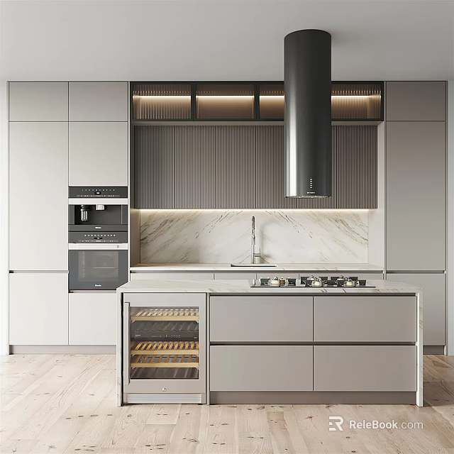 Modern Kitchen Interior With White Cabinets Marble Countertop Central Island Hood And Built-in Oven 3d model 