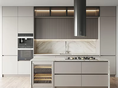 Modern Kitchen Interior With White Cabinets Marble Countertop Central Island Hood And Built-in Oven 3d model