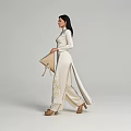Woman In White Ao Dai Holding Bamboo Fan With Embroidery On Light Background