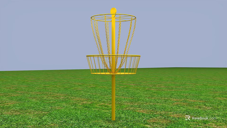 Yellow Disc Golf Basket Standing On Green Grass Field Outdoor Sports Equipment 3d model 