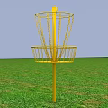 Yellow Disc Golf Basket Standing On Green Grass Field Outdoor Sports Equipment