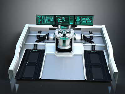 High Tech Computer Control Console With Multiple Screens And Central Unit Design 3d model
