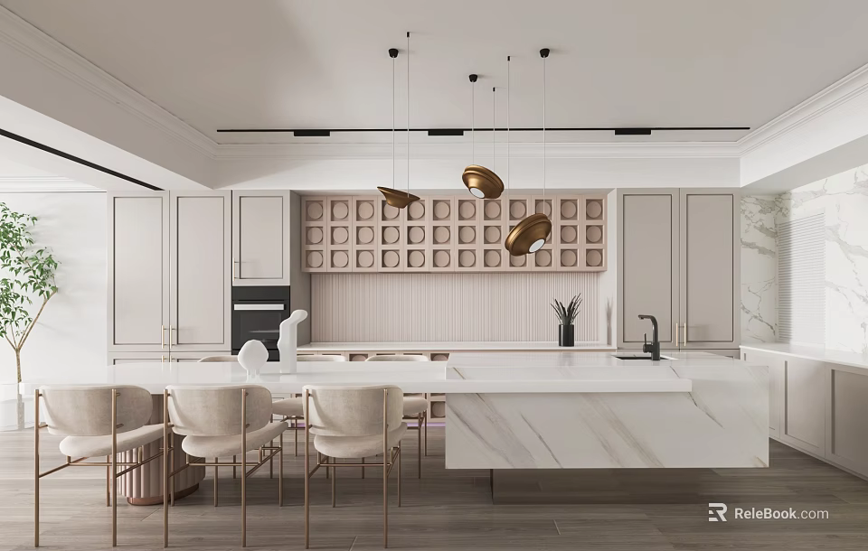 Modern Restaurant Interior Design With Marble Island White Cabinets And Gold Pendant Lights 3d model 