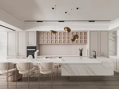 Modern Restaurant Interior Design With Marble Island White Cabinets And Gold Pendant Lights 3d model