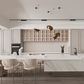Modern Restaurant Interior Design With Marble Island White Cabinets And Gold Pendant Lights