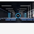 Modern Computer Classroom with Neatly Arranged Desks Chairs Long Strip Ceiling Lights and Wall Posters
