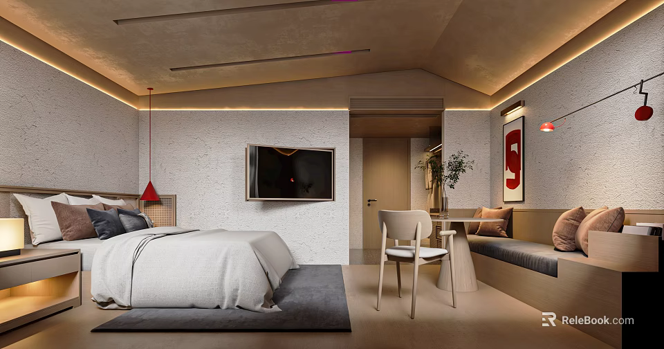 Modern Hotel Guest Room Interior With Cozy Bed Wall Mounted TV Armchair And Decorative Painting 3d model 