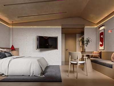 Modern Hotel Guest Room Interior With Cozy Bed Wall Mounted TV Armchair And Decorative Painting 3d model