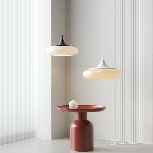 Modern Interior Pendant Lighting Design With White Shades Black White Fixtures And Red Side Table 3d model 