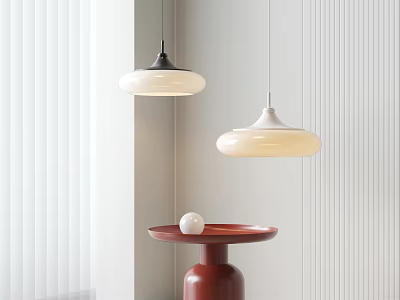Modern Interior Pendant Lighting Design With White Shades Black White Fixtures And Red Side Table 3d model