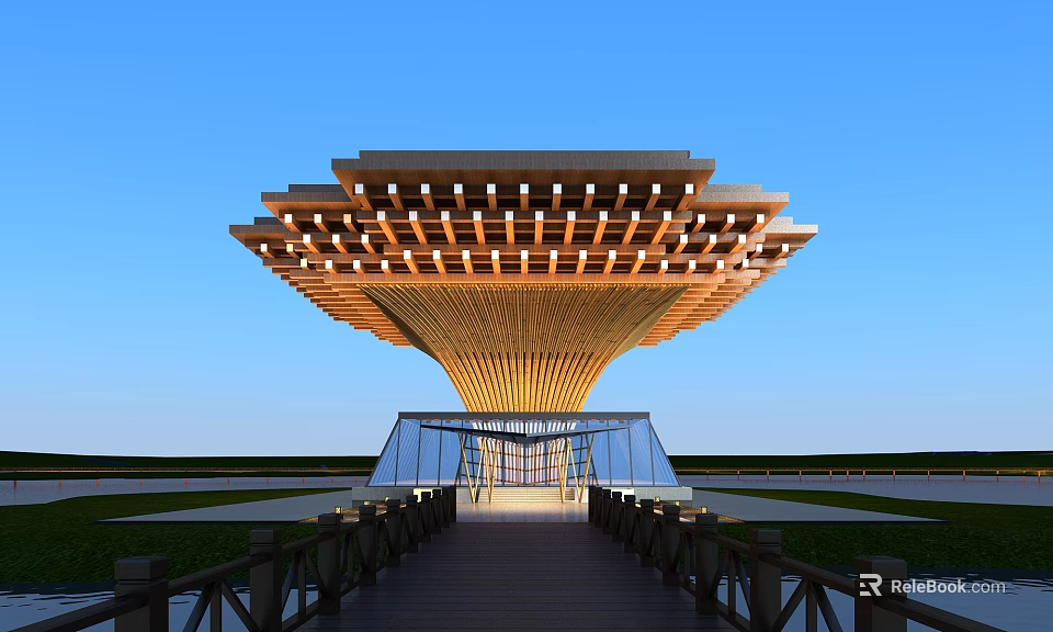 Unique Modern Building With Layered Wooden Roof Glass Entrance And Green Landscape Walkway 3d model 