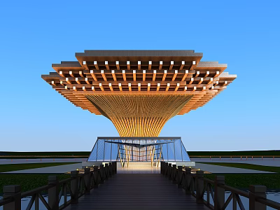 Unique Modern Building With Layered Wooden Roof Glass Entrance And Green Landscape Walkway 3d model