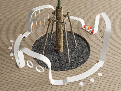 Modern Outdoor Playground Hanging Chair With Rope Structure Circular Gravel Area And White Curved Rails 3d model
