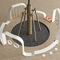 Modern Outdoor Playground Hanging Chair With Rope Structure Circular Gravel Area And White Curved Rails