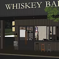 Whiskey Bar Exterior At Night With Bar Counter Stools And Lighting