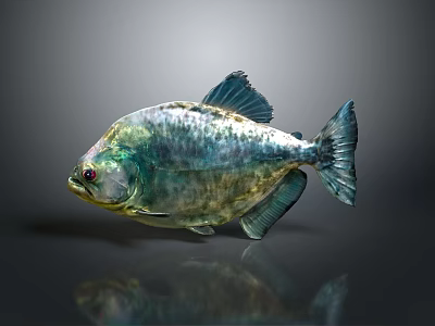Piranha Fish Greenish Silver Body Red Eyes Shiny Scales Fins On Gray Background With Reflection 3d model