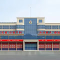 Modern Emergency Service Office Building With Red Banners Blue Glass And Roller Doors