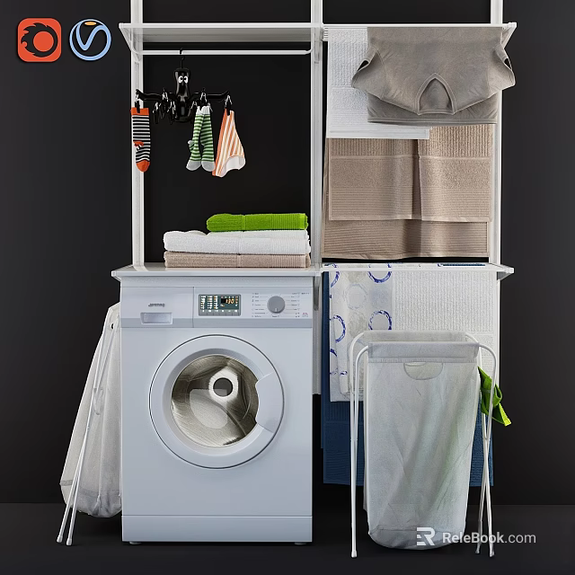Organized Laundry Space With Washing Machine Towels Shelf And Laundry Basket For Daily Use 3d model 