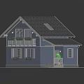 Blue Residential House 3D Model With Gray Roof Balcony Windows And Wooden Door