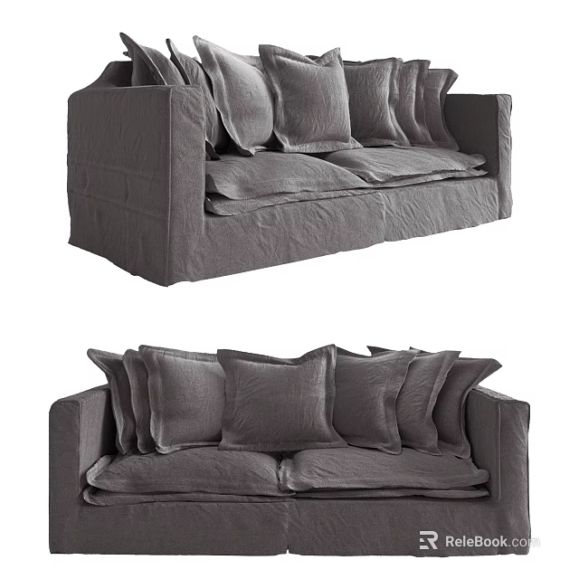 Modern Gray Fabric Two Seater Sofa With Multiple Soft Comfortable Cushions Design 3d model