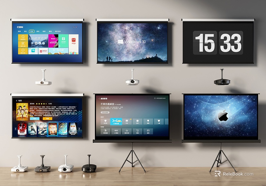 Modern Projection Monitoring Setup With Multiple Screens Showing Diverse Content And Projector Models 3d model 