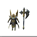 Angelic Warrior With Golden Wings Blonde Hair Blue Armor Holding Large Axe Blue Gemstone