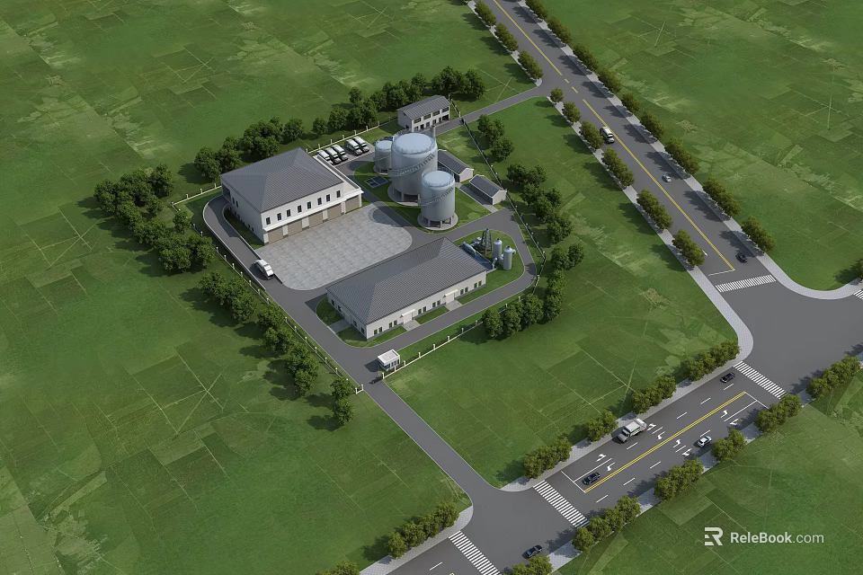 Large Industrial Factory Site With Main Building Green Grass Trees And Access Roadways 3d model 