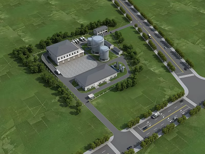 Large Industrial Factory Site With Main Building Green Grass Trees And Access Roadways 3d model