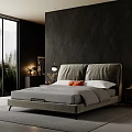 Double Bed Dark Wall Large Window Trees Outside Bedside Tables Lamps Gray Bedding Orange Cushions