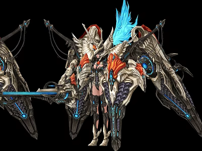 Game And Movie Character With Mechanical Wings Blue Flame Detailed Armor And Energy Sword 3d model