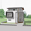 Modern Detached House Exterior With Glass Windows Landscaped Garden And Car