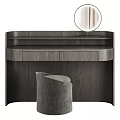 Light Wood Modern Dressing Table With Round Mirror Storage Drawers And Upholstered Stool