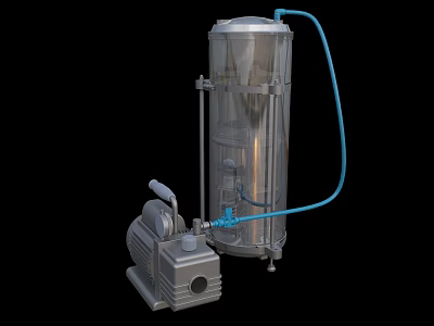 Industrial Equipment Featuring Stainless Steel Cylindrical Tank and Industrial Pump with Blue Hose Connection 3d model