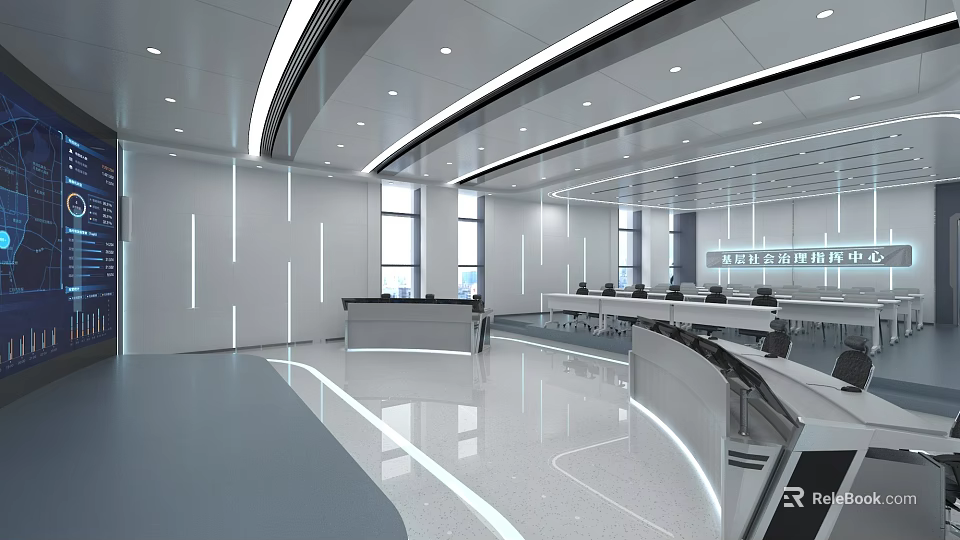 Modern Monitoring Room Interior With Control Consoles Display Screens And Office Chairs 3d model 