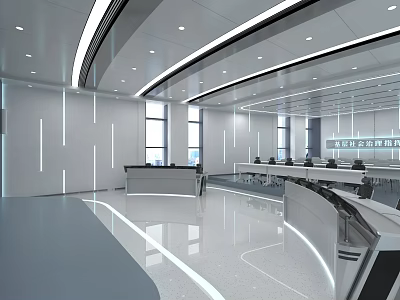 Modern Monitoring Room Interior With Control Consoles Display Screens And Office Chairs 3d model
