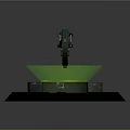 Futuristic Green Red Metallic Weapon On Black Hexagonal Platform With Green Glowing Ring And