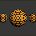 Three Spheres With Orange Dots Black Grid Larger Center Smaller Sides Gray Background And Reflection 3d model